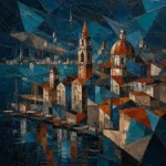 Prussian and rust cityscape abstract art print featuring geometric harbor architecture, rooftops, and layered waterfront forms for elegant interiors