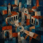 Prussian and rust cityscape abstract art print featuring geometric Italian architecture, arches, and layered city forms for elegant interiors