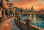 Salmon and teal canvas prints of european cities featuring an Italian riverside promenade with historic buildings, bridges, and cathedral domes