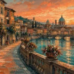 Salmon and teal canvas prints of european cities featuring an Italian riverside promenade with historic buildings, bridges, and cathedral domes