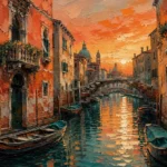 Salmon and teal canvas prints of european cities featuring an Italian canal with historic buildings, bridges, boats, and glowing evening reflections