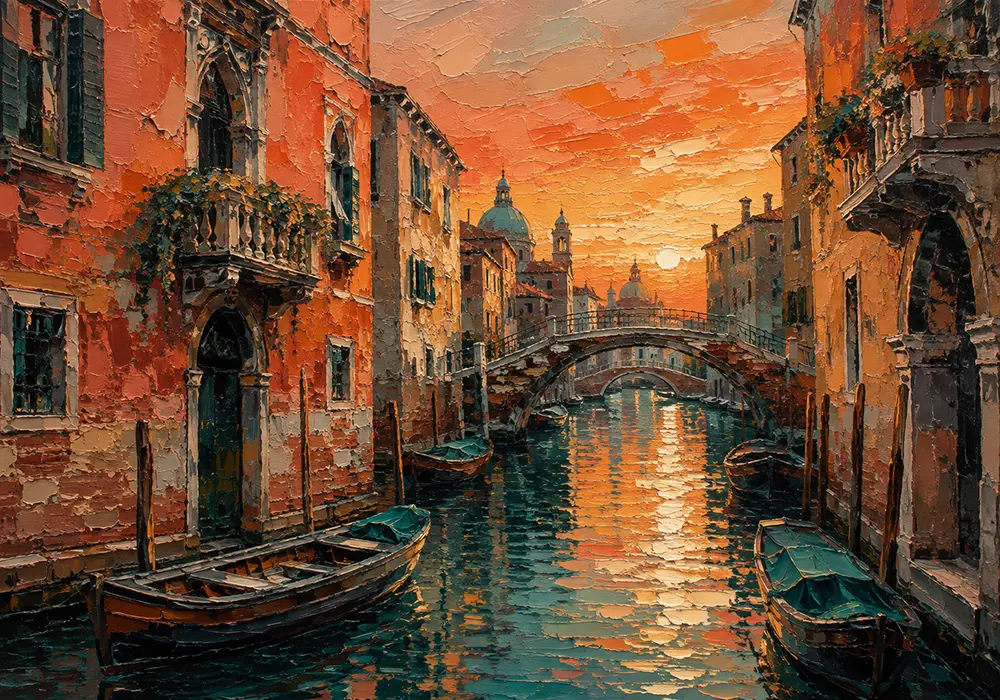 Canal Reverie canvas prints of european cities Salmon & Teal Art Print