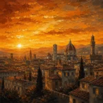 Honey bronze sunset skyline painting featuring an Italian city panorama with cathedral domes, rooftops, bell towers, and glowing evening light