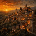 Honey bronze sunset skyline painting featuring an Italian hill town with stone homes, cypress trees, church towers, and glowing rooftops
