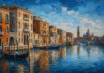 Sapphire and copper cityscape art prints featuring an Italian waterfront with palazzos, historic bridges, stone quays, and wooden boats