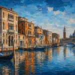 Sapphire and copper cityscape art prints featuring an Italian waterfront with palazzos, historic bridges, stone quays, and wooden boats