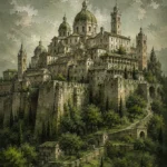 Moss and sage large cityscape wall art featuring an Italian hilltop city with cathedral domes, towers, stone terraces, and Renaissance architecture