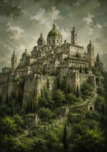 Moss and sage large cityscape wall art featuring an Italian hilltop city with cathedral domes, towers, stone terraces, and Renaissance architecture