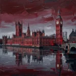 Burgundy Library london wall art canvas featuring the Palace of Westminster, Elizabeth Tower, Thames reflections, and dramatic evening tones