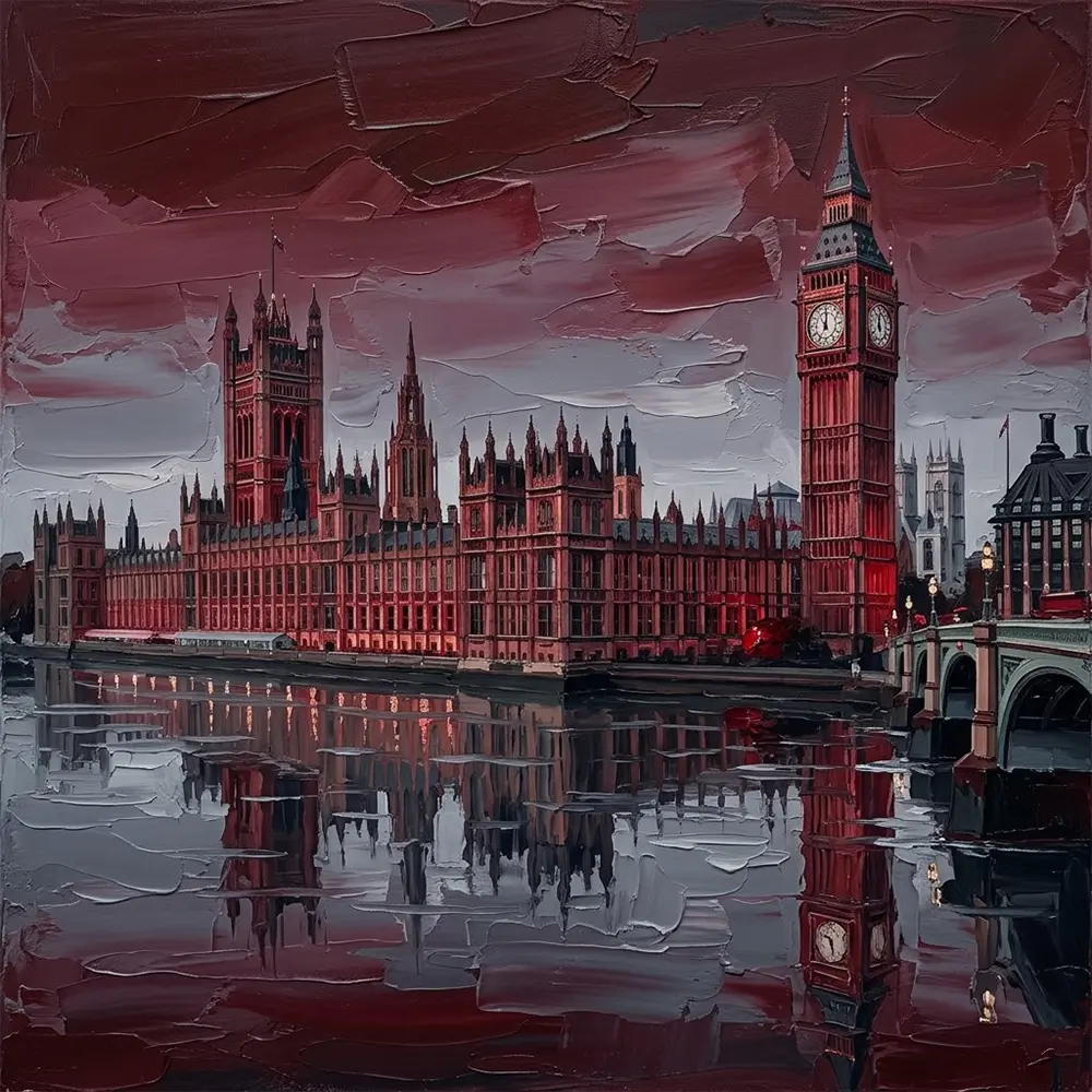 Crimson Thames London Wall Art Canvas Burgundy Library Art Print