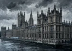 Storm blue london wall art black and white featuring the Palace of Westminster, Gothic towers, stone details, and architectural shadows