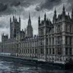 Storm blue london wall art black and white featuring the Palace of Westminster, Gothic towers, stone details, and architectural shadows