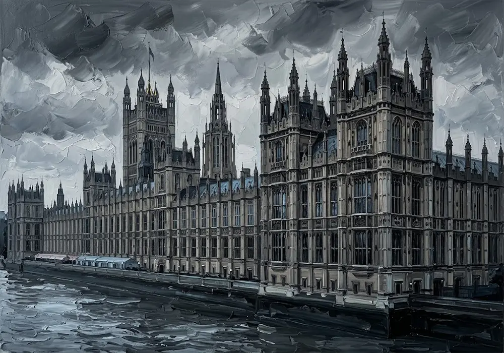 Gothic Silence london wall art black and white Storm Blue Contrast Art Print