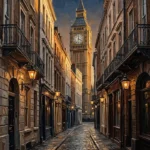 Espresso Gallery vintage london wall art featuring Victorian street architecture, cobblestones, antique lanterns, and a distant clock tower