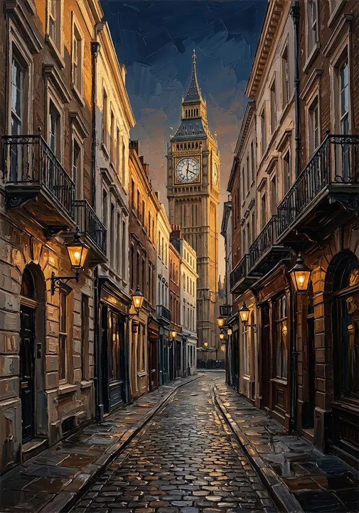 Cobblestone Reverie vintage london wall art Espresso Gallery Art Print