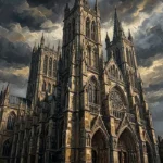 Espresso Gallery vintage london wall art featuring a Gothic cathedral, historic stone towers, dramatic clouds, and golden architectural light