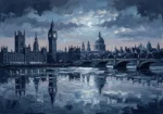 Silver and cobalt london skyline silhouette wall art featuring layered London skyline silhouettes, bridges, domes, and reflective river tones