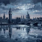 Silver and cobalt london skyline silhouette wall art featuring layered London skyline silhouettes, bridges, domes, and reflective river tones