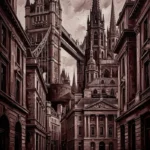 Merlot Library london skyline print black and white featuring historic London towers, Gothic spires, bridges, and burgundy shadows