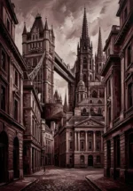 Merlot Library london skyline print black and white featuring historic London towers, Gothic spires, bridges, and burgundy shadows