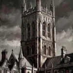 Merlot Library london skyline print black and white featuring a Gothic London cathedral tower, arched windows, stone details, and burgundy shadows