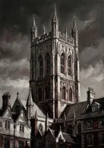 Merlot Library london skyline print black and white featuring a Gothic London cathedral tower, arched windows, stone details, and burgundy shadows