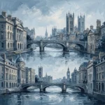 Dusty blue london cityscape art print featuring historic London buildings, bridges, riverside architecture, and Gothic towers for elegant interiors
