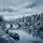 Cool blue-gray london cityscape art print featuring a London riverside bridge, historic waterfront buildings, boats, and calm reflections for elegant interiors