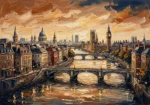 Golden and navy canvas pictures of london print featuring historic riverside buildings, bridges, rooftops, and a London clock tower for elegant interiors