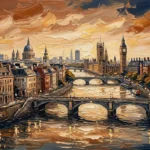 Golden and navy canvas pictures of london print featuring historic riverside buildings, bridges, rooftops, and a London clock tower for elegant interiors