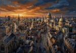 Amber and navy canvas pictures of london print featuring London rooftops, cathedral domes, towers, and a sunset skyline for elegant interiors