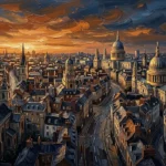 Amber and navy canvas pictures of london print featuring London rooftops, cathedral domes, towers, and a sunset skyline for elegant interiors