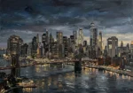 Charcoal and gold new york city wall art print featuring skyscraper silhouettes, bridges, city reflections, and a dramatic evening skyline for elegant interiors