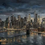 Charcoal and gold new york city wall art print featuring skyscraper silhouettes, bridges, city reflections, and a dramatic evening skyline for elegant interiors