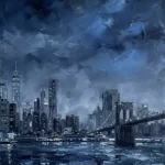 Midnight navy new york skyline paintings print featuring waterfront skyscrapers, bridges, misty reflections, and sapphire highlights for elegant interiors