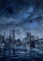 Midnight navy new york skyline paintings print featuring waterfront skyscrapers, bridges, misty reflections, and sapphire highlights for elegant interiors