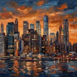 Burnt orange and navy new york skyline wall art print featuring glowing skyscrapers, sunset reflections, and a dramatic cityscape for elegant interiors
