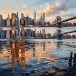Burnt orange and navy new york skyline wall art print featuring Manhattan reflections, waterfront towers, bridges, and glowing evening skies for elegant interiors