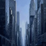 Ink blue modern nyc art prints featuring towering skyscrapers, urban avenue architecture, vertical lines, and atmospheric city depth for elegant interiors