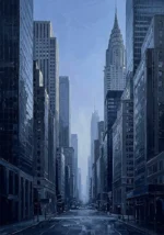 Ink blue modern nyc art prints featuring towering skyscrapers, urban avenue architecture, vertical lines, and atmospheric city depth for elegant interiors