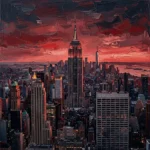 Crimson noir new york city framed wall art featuring the Empire State Building, glowing skyline, and dramatic sunset architecture for elegant interiors