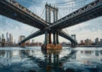 Prussian and rust manhattan bridge canvas featuring harbor waters, steel tower architecture, reflections, and distant skyline silhouettes for elegant interiors