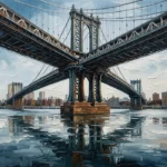 Prussian and rust manhattan bridge canvas featuring harbor waters, steel tower architecture, reflections, and distant skyline silhouettes for elegant interiors