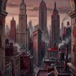 Velvet Merlot vintage nyc wall art featuring an early New York skyline with layered rooftops and historic architectural silhouettes for elegant interiors