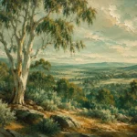 Eucalyptus Sage Eucalyptus Wall Art featuring pale ghost gum standing above sage undergrowth for refined interiors