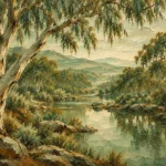 Eucalyptus Sage Eucalyptus Wall Art featuring eucalyptus-lined creek reflecting muted green light for refined interiors