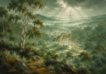 Eucalyptus Sage Eucalyptus Wall Art featuring grove of silver trunks dissolving into morning haze for refined interiors
