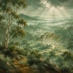 Eucalyptus Sage Eucalyptus Wall Art featuring grove of silver trunks dissolving into morning haze for refined interiors