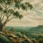 Eucalyptus Sage Eucalyptus Wall Art featuring sculptural branch canopy against a warm neutral sky for refined interiors