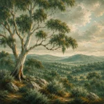 Eucalyptus Sage Eucalyptus Wall Art featuring pale ghost gum standing above sage undergrowth for refined interiors
